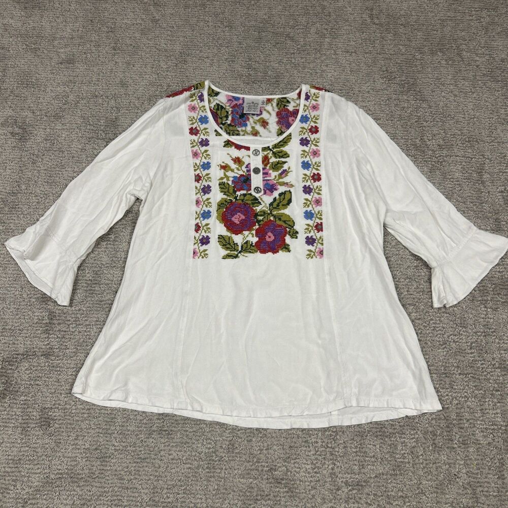Parsley & Sage Top Womens Large White Embroidered Boho Peasant Cottage Shirt